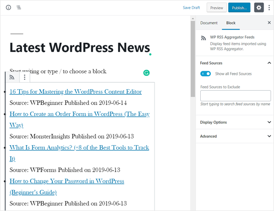 WordPress 페이지에 추가 된 RSS 뉴스 피드