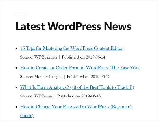 WordPress 사이트 데모의 RSS 뉴스 피드