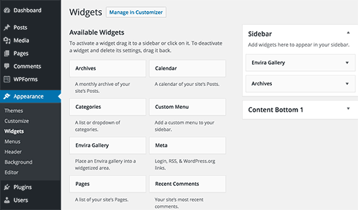 Mga screen ng Widget sa isang site ng WordPress
