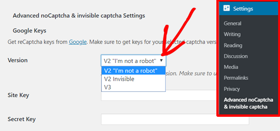 Velg Google reCAPTCHA V2 i Advanced noCAPTCHA og Invisible CAPTCHA (v2 & v3)