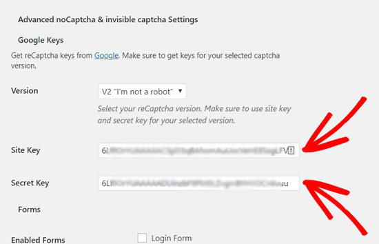 Skriv inn nettstednøkkel og hemmelig nøkkel for å legge til reCAPTCHA til WordPress