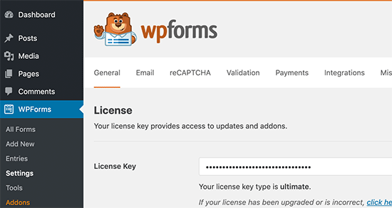 Legg til WPForms lisensnøkkel