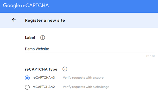 Registrer et nytt nettsted for Google reCAPTCHA