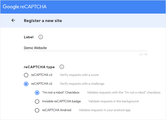 Registrer et nytt nettsted for Google reCAPTCHA