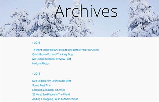 WordPress'teki tüm yayınları gösteren daraltılabilir yıllık arşivler