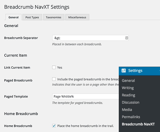 Mga pahina ng mga setting para sa plugin ng Breadcrumb NavXT