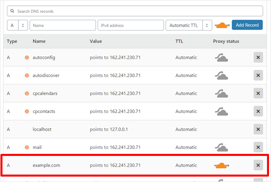 CloudflareをセットアップするためのDNSレコードの確認